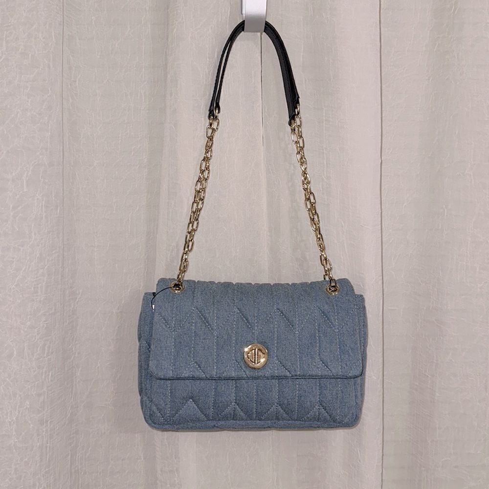 Talbots Gold Tone Chain Strap Leather Trim Quilted Denim Blue Shoulder Bag